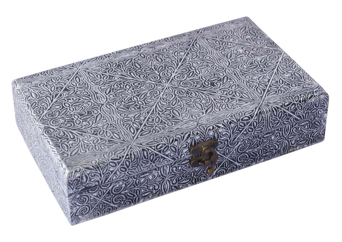 Wholesale 10x6” Wooden Jewelry Box in Bulk - Source Hand-Carved Silver Color Jewelry Box/Trinket Box with Metal Embossing from India