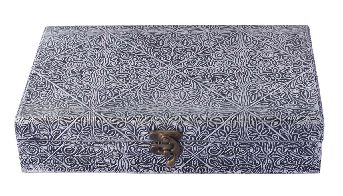 Wholesale 10x6” Wooden Jewelry Box in Bulk - Source Hand-Carved Silver Color Jewelry Box/Trinket Box with Metal Embossing from India