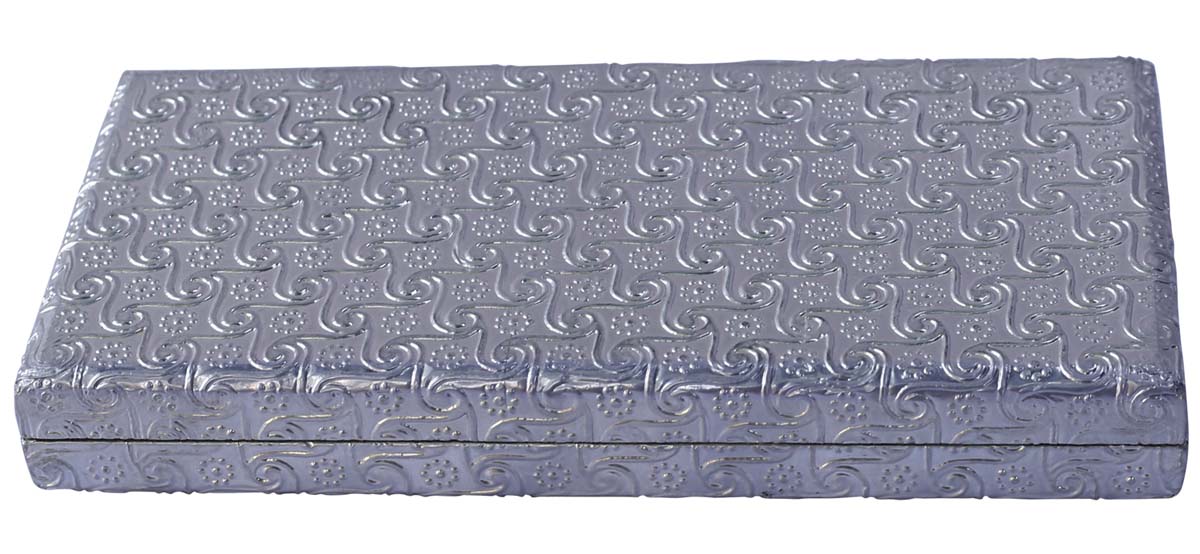 7.5x3.6” Wooden Jewelry Box in Bulk - Wholesale Hand-Carved Silver Color Jewelry Box/Trinket Box with Metal Embossing from India