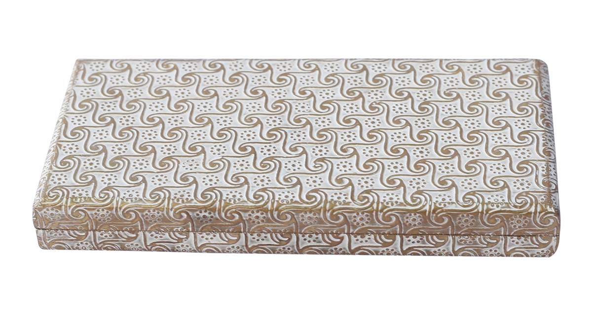 Bulk Buy Sleek 7.5x3.6” Wooden Jewelry Box - Wholesale Handmade Jewelry Box/Trinket Box with Metal Embossing in Distressed White and Golden Color from India
