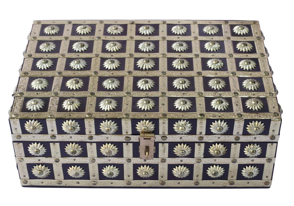Wholesale 12x8” Wooden Jewelry Box in Bulk - Source Hand-Carved Black and Golden Jewelry Box/Trinket Box with Floral Motifs in Brass from India
