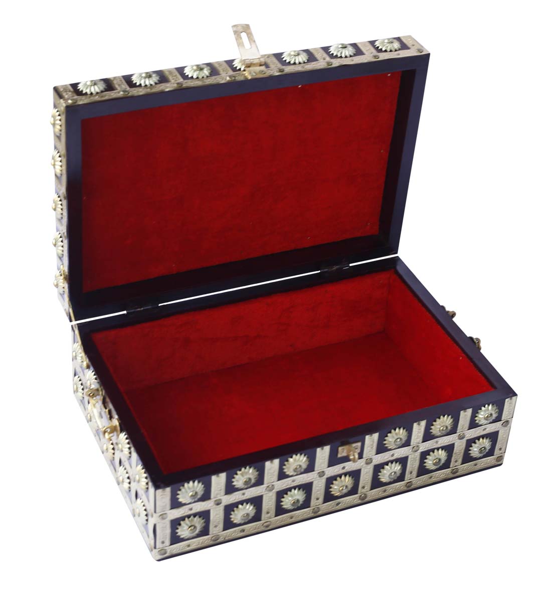 Wholesale 12x8” Wooden Jewelry Box in Bulk - Source Hand-Carved Black and Golden Jewelry Box/Trinket Box with Floral Motifs in Brass from India
