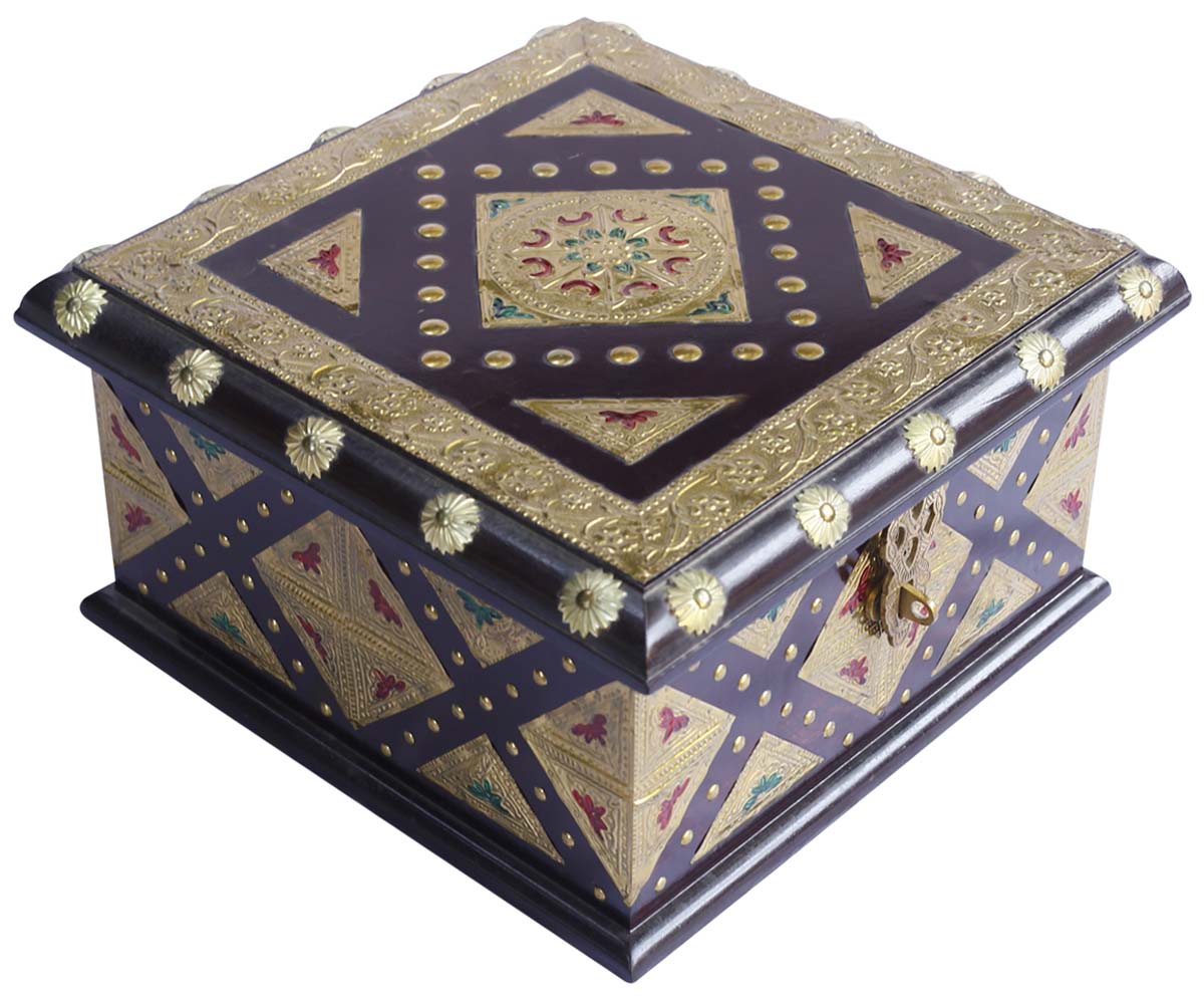 Purple and Golden Wooden Jewelry Box in Bulk - Wholesale Hand-Carved 11.5” Jewelry Box/Trinket Box with Motifs in Brass - Antique-Look Accessory Organizers from India
