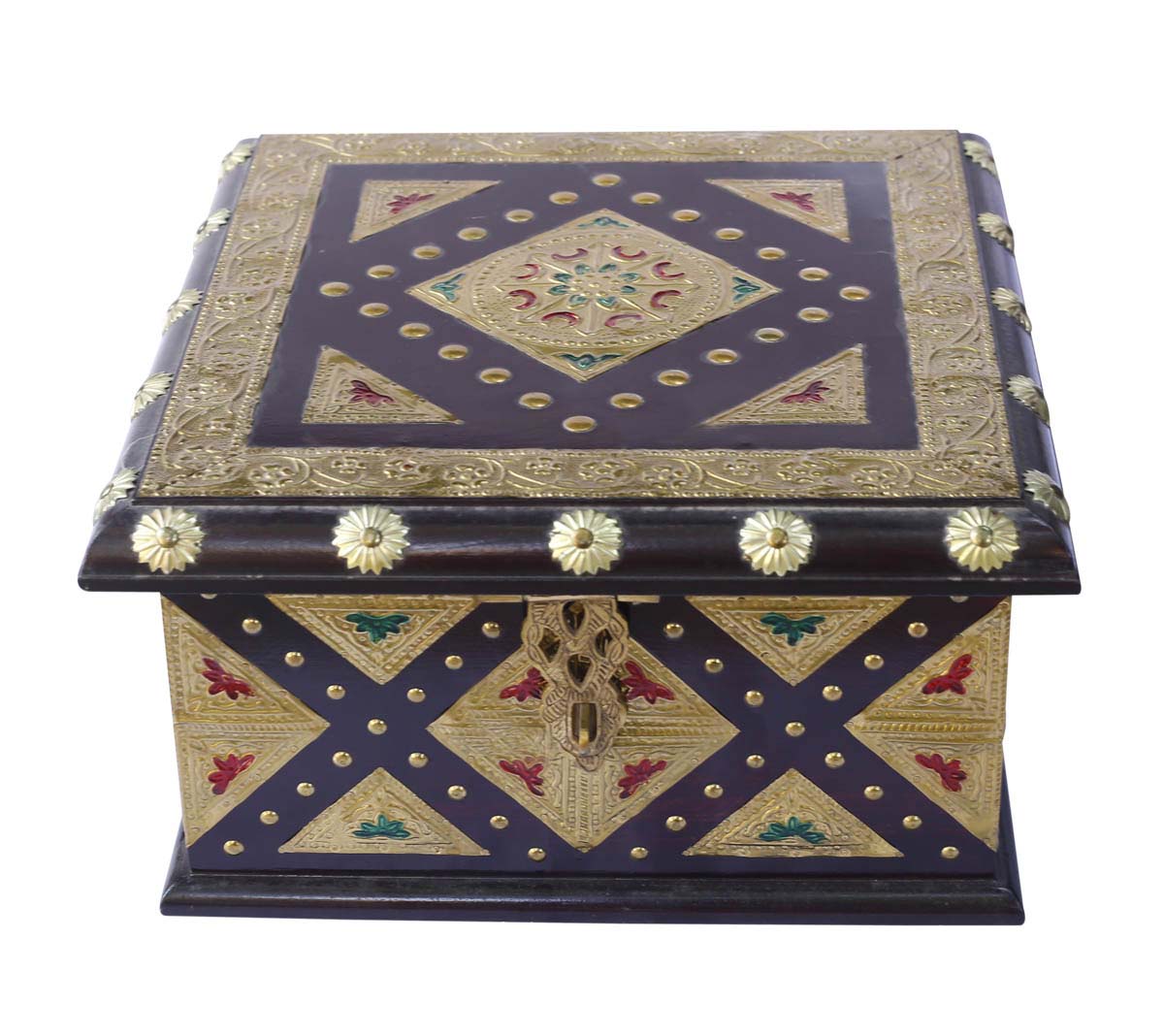 Purple and Golden Wooden Jewelry Box in Bulk - Wholesale Hand-Carved 11.5” Jewelry Box/Trinket Box with Motifs in Brass - Antique-Look Accessory Organizers from India
