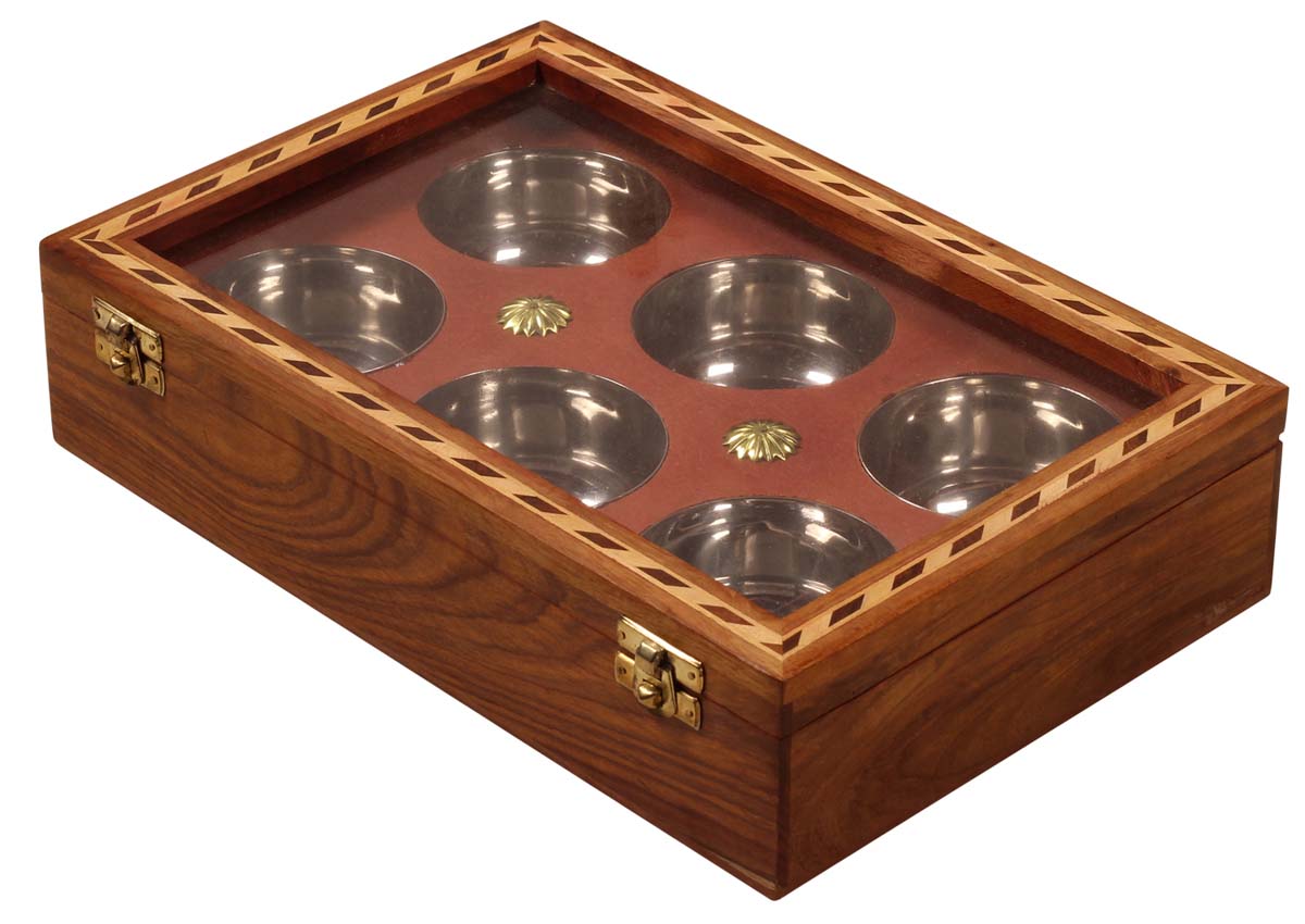 Dry Fruit Box with Six Stainless Steel Pots Inside – Rectangle Shaped – Handmade in Wood & MDF – Glass on the Top Lid Cover – Kitchen Accessories – Home Décor