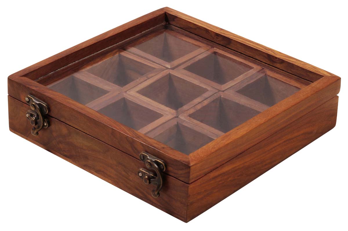 Spice Box in Wood – 9 Square-Shaped Removable Containers – Glass on the Top Lid Cover – Kitchen Accessories & Essentials – Home Décor  