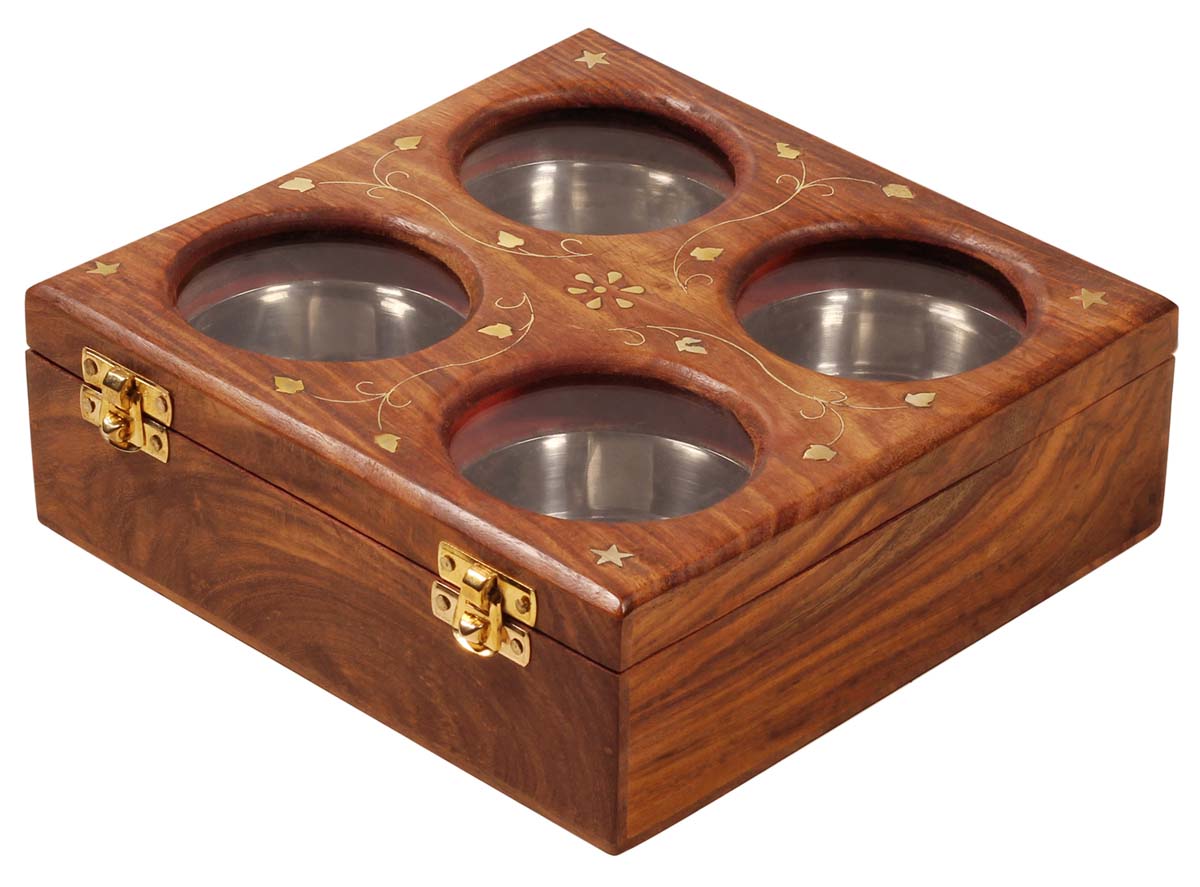 Dry Fruit Box in Wood – Brass Inlay – Four Separate Containers in Stainless Steel – Dining Table Accessories – Kitchen Essentials – Home Décor