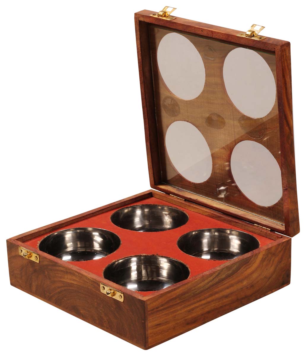 Dry Fruit Box in Wood – Brass Inlay – Four Separate Containers in Stainless Steel – Dining Table Accessories – Kitchen Essentials – Home Décor