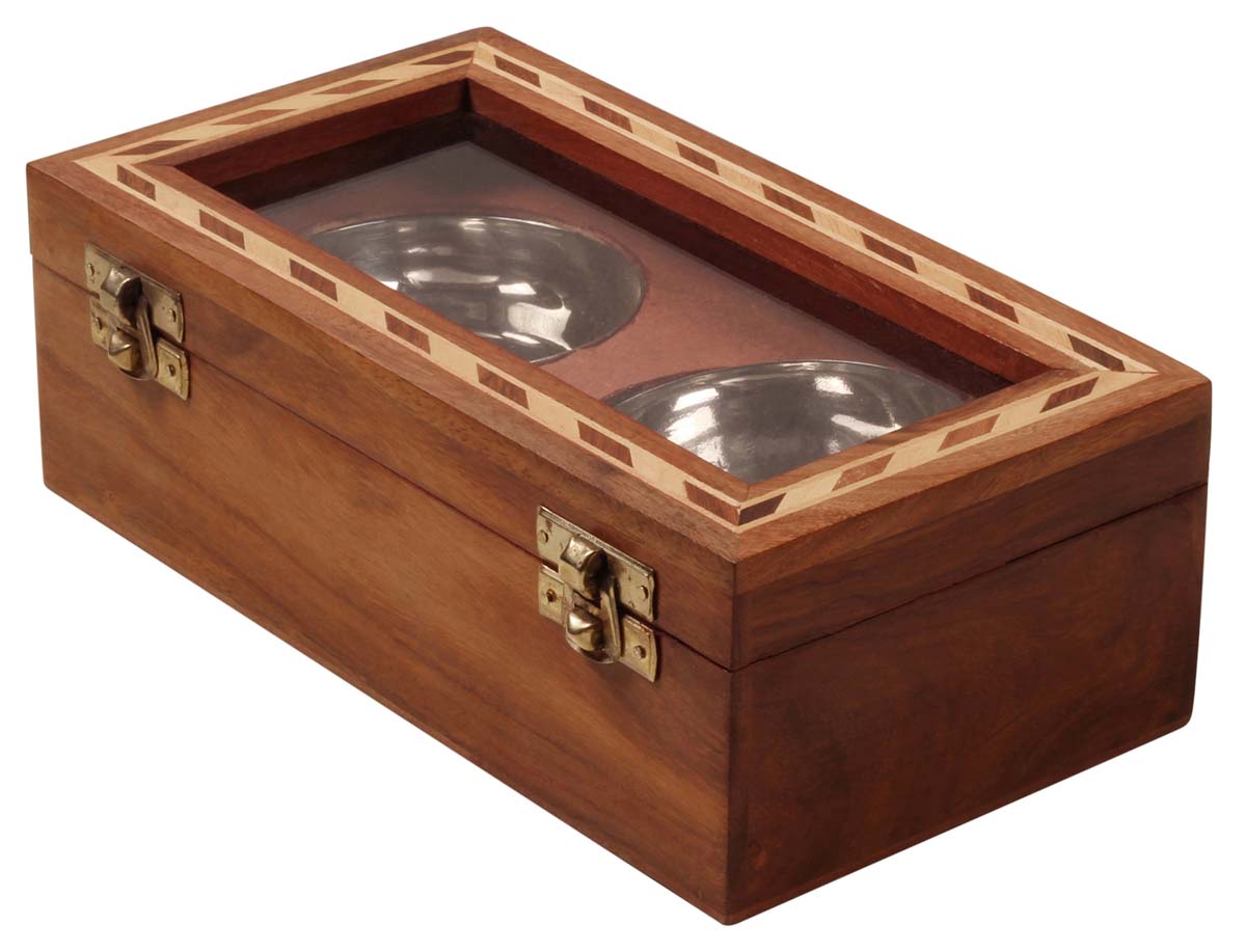 Handmade Dry Fruit Box in Wood & MDF – Two Steel Bowls Within – Glass on the Hinged Top Cover – Kitchen Accessories – Home Décor