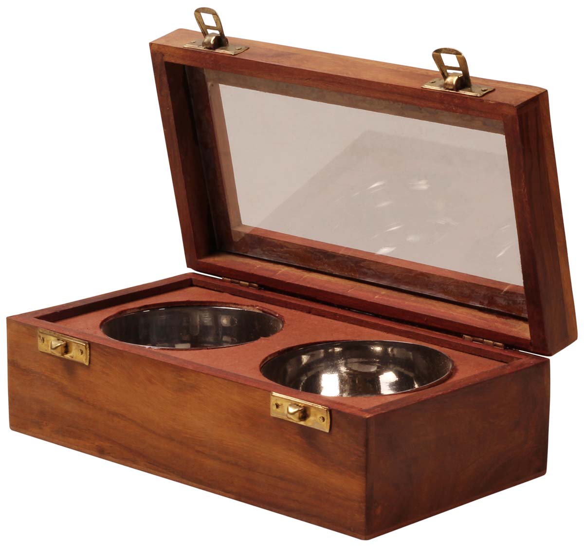 Handmade Dry Fruit Box in Wood & MDF – Two Steel Bowls Within – Glass on the Hinged Top Cover – Kitchen Accessories – Home Décor