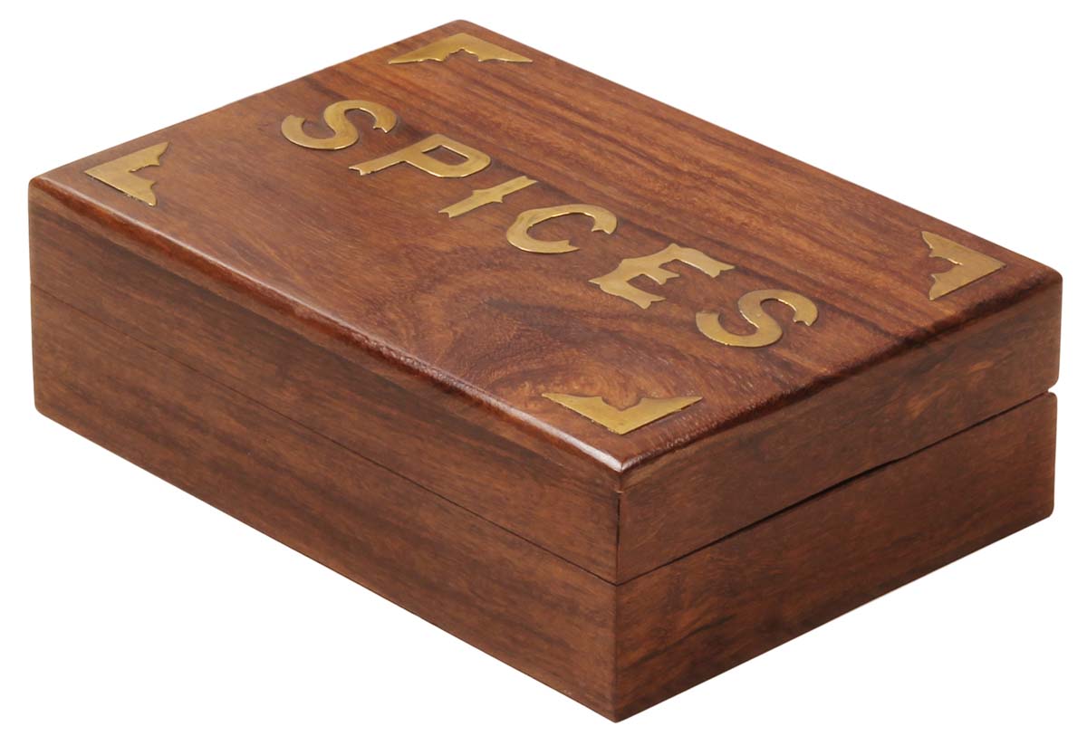 Handmade Wooden Spice Box – Rectangle Shaped – Six Compartments – Spices Word Written in Brass on the Hinged Top Cover – Kitchen Accessories & Essentials – Home Décor