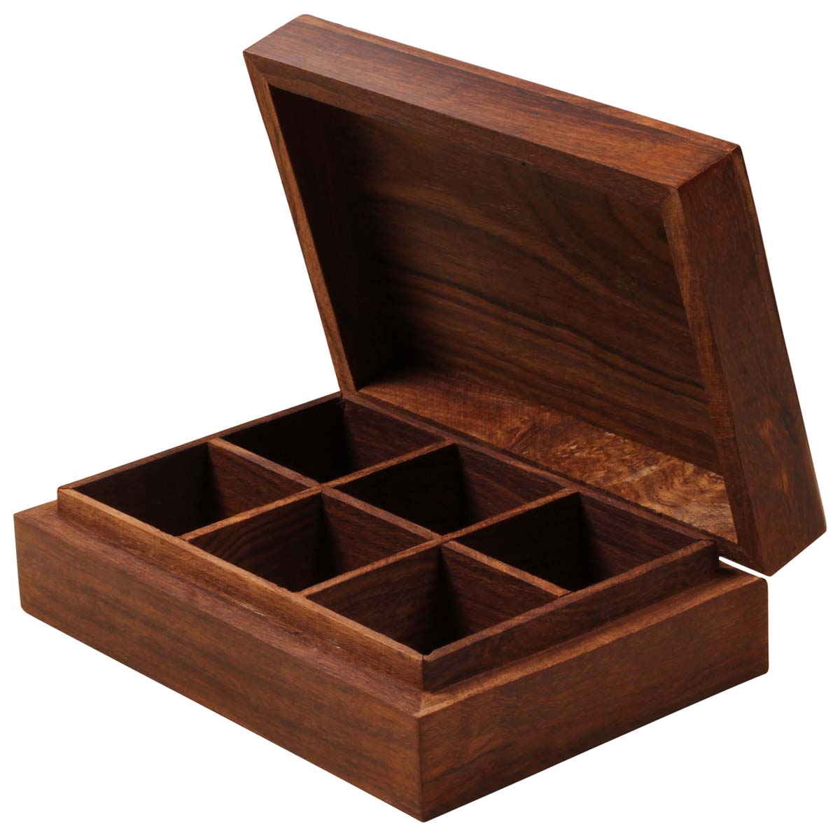 Handmade Wooden Spice Box – Rectangle Shaped – Six Compartments – Spices Word Written in Brass on the Hinged Top Cover – Kitchen Accessories & Essentials – Home Décor