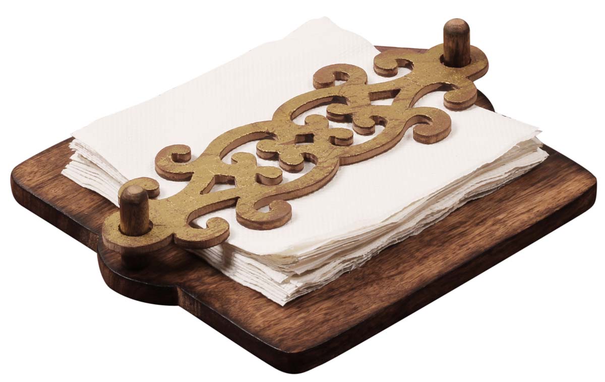 Handmade Wooden Napkin Holder / Organizer – Square-Shaped Base & Intricately Carved Top Bar – Foil Work – Artistic Dining Table Décor 