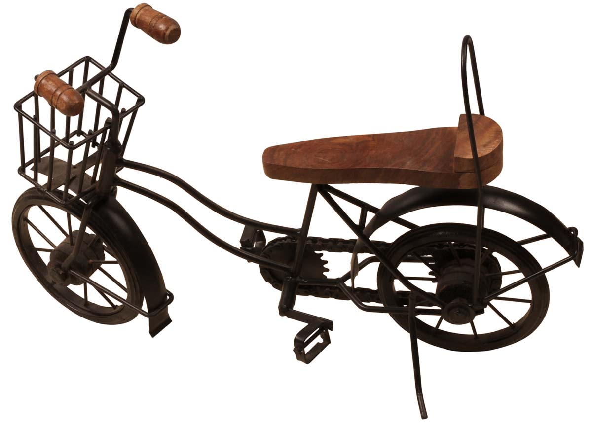 14.5” Handmade Miniature Model of a Bike / Bicycle – Cast in Iron – Wood on the Seat & Handles – Interior Decorating Items – Vintage-Look Home / Office Décor