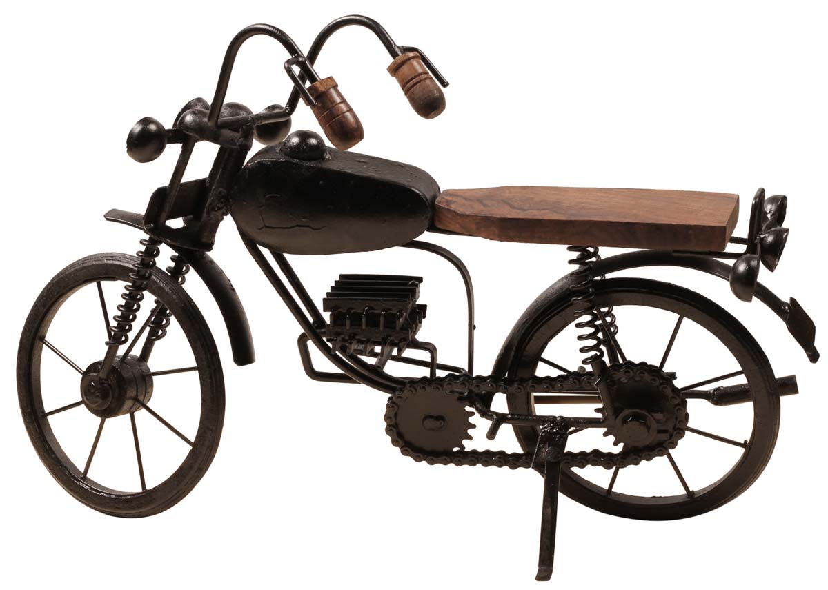 Handmade Miniature Model of a Motorbike – Cast in Iron – Wood on the Seat & Handles – Interior Decorating Items – Vintage-Look Home / Office Décor
