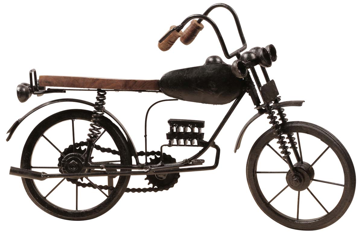 Handmade Miniature Model of a Motorbike – Cast in Iron – Wood on the Seat & Handles – Interior Decorating Items – Vintage-Look Home / Office Décor
