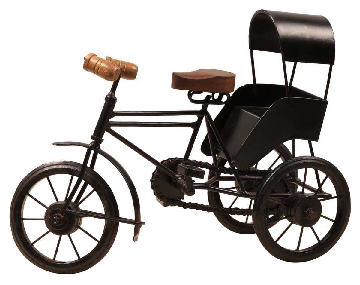 Handmade Miniature Model of a Pedicab / Pedal Passenger Cart – Wood on the Seat & Handles – Cast in Iron – Vintage-Look Home / Office Décor 