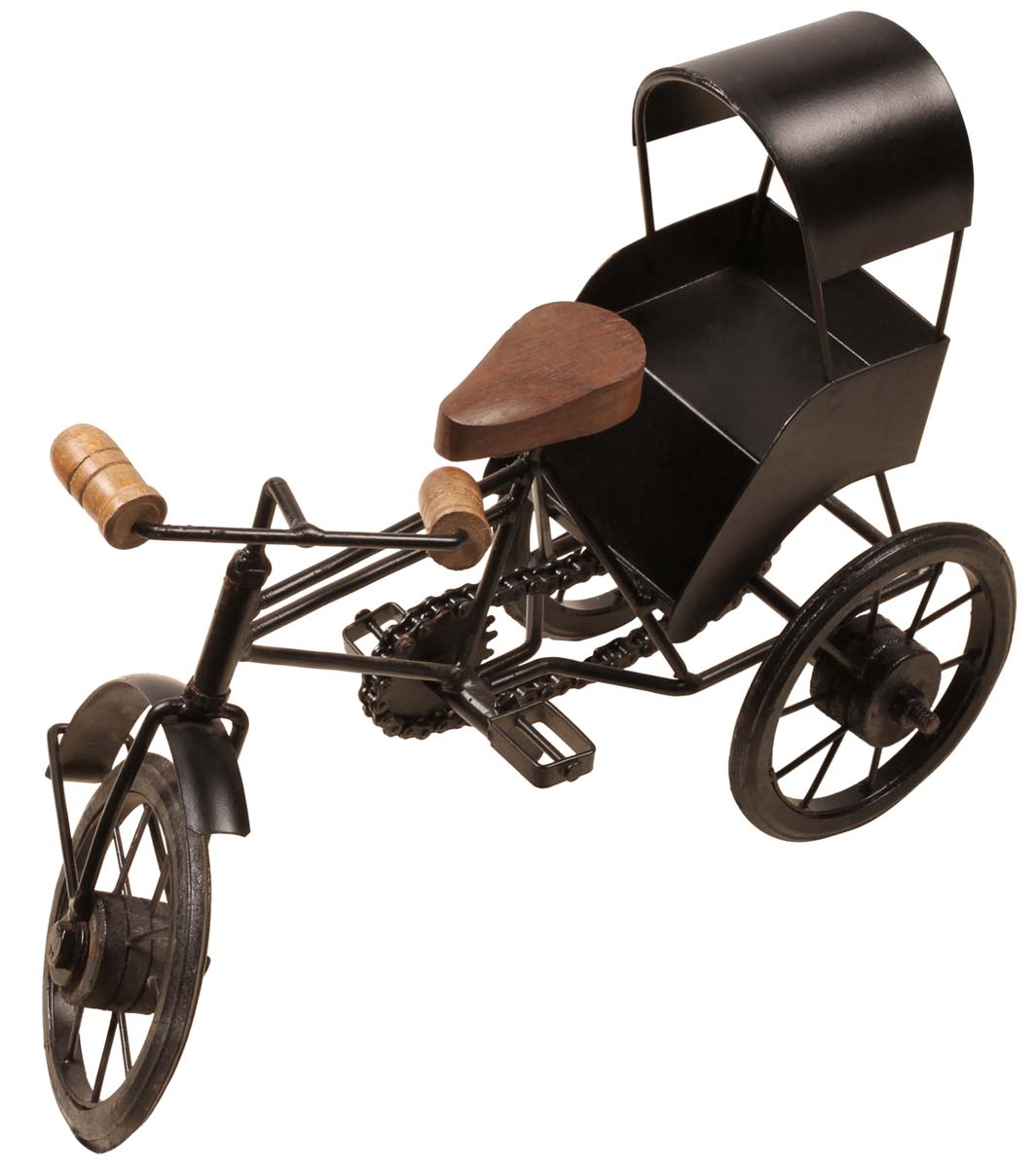 Handmade Miniature Model of a Pedicab / Pedal Passenger Cart – Wood on the Seat & Handles – Cast in Iron – Vintage-Look Home / Office Décor 