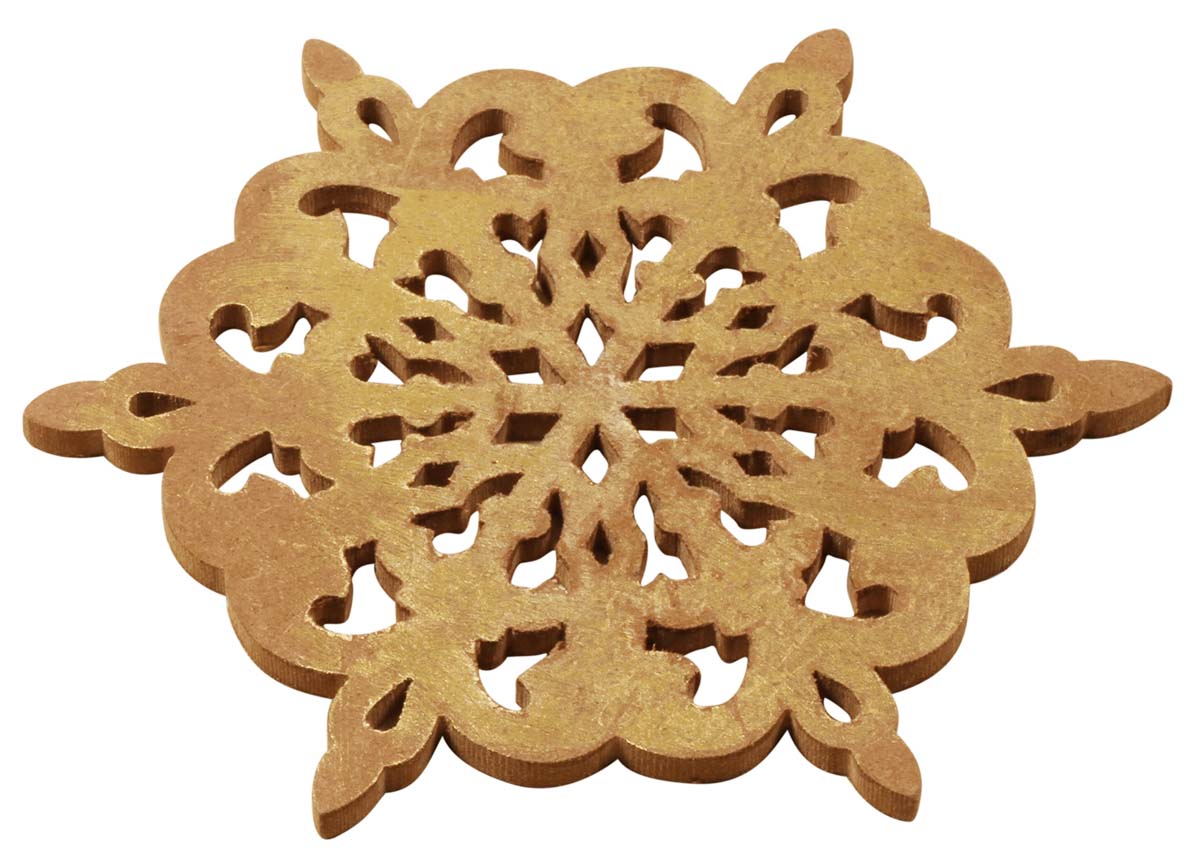 Wooden Trivet – Intricately Carved with Cut-Out Patterning – Distressed Golden Finish – Foil Work – Dining Table Accessories – Home Décor