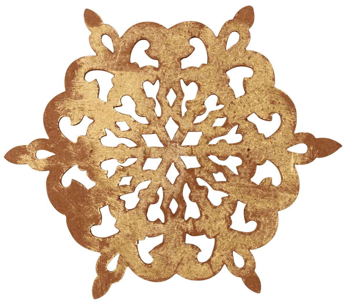 Wooden Trivet – Intricately Carved with Cut-Out Patterning – Distressed Golden Finish – Foil Work – Dining Table Accessories – Home Décor
