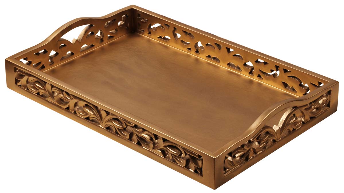 Decorative Tray – Golden Color – Hand-Carved in Natural Wood – Cut-Out Patterning on the Borders – Foil Work – Home Décor 