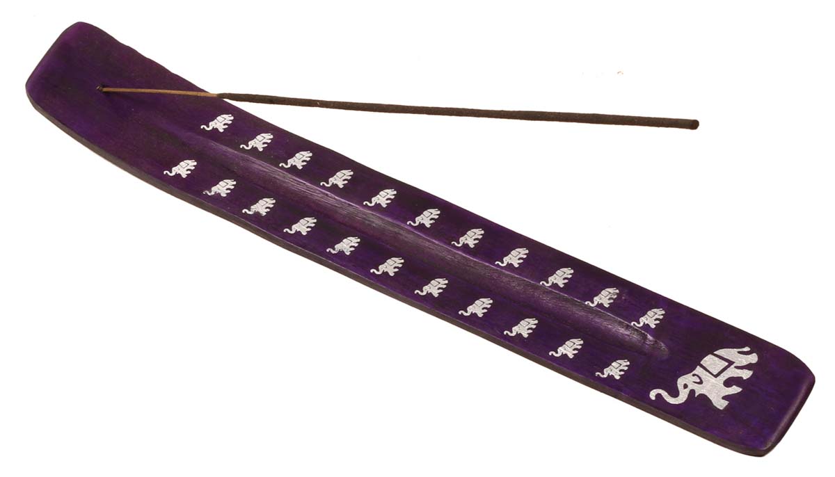 Handmade Wooden Incense Stick Holder – Purple Color – Elephant Motifs in White – Aromatherapy Accessories