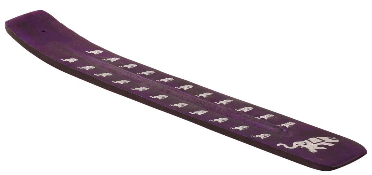 Handmade Wooden Incense Stick Holder – Purple Color – Elephant Motifs in White – Aromatherapy Accessories