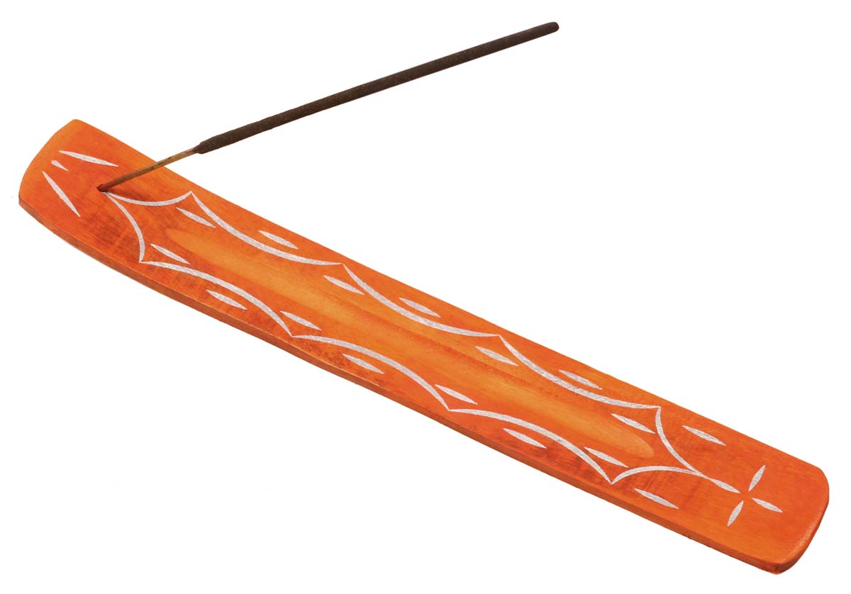 Handmade Wooden Incense Stick Holder – Orange Color – Abstract Patterns in White – Aromatherapy Accessories
