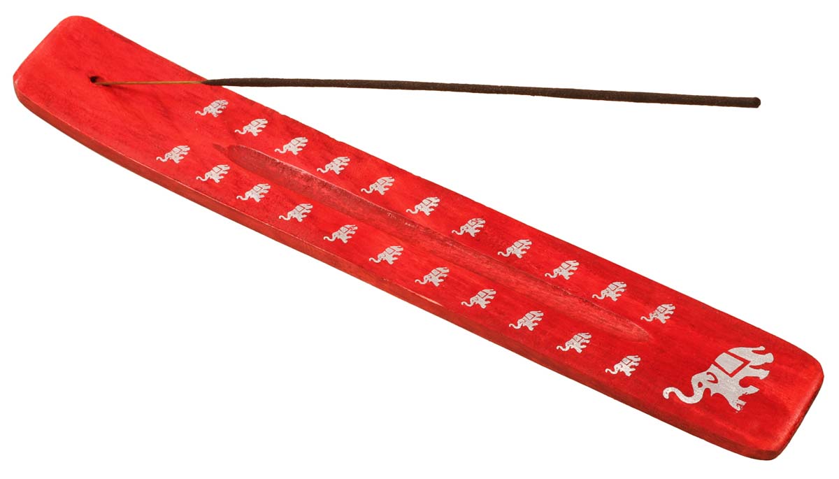 Handmade Wooden Incense Stick Holder – Red Color – Elephant Motifs in White – Aromatherapy Accessories