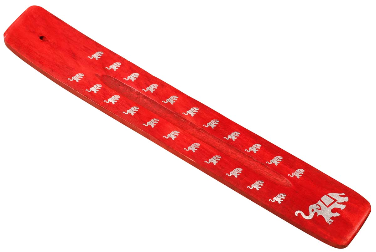 Handmade Wooden Incense Stick Holder – Red Color – Elephant Motifs in White – Aromatherapy Accessories