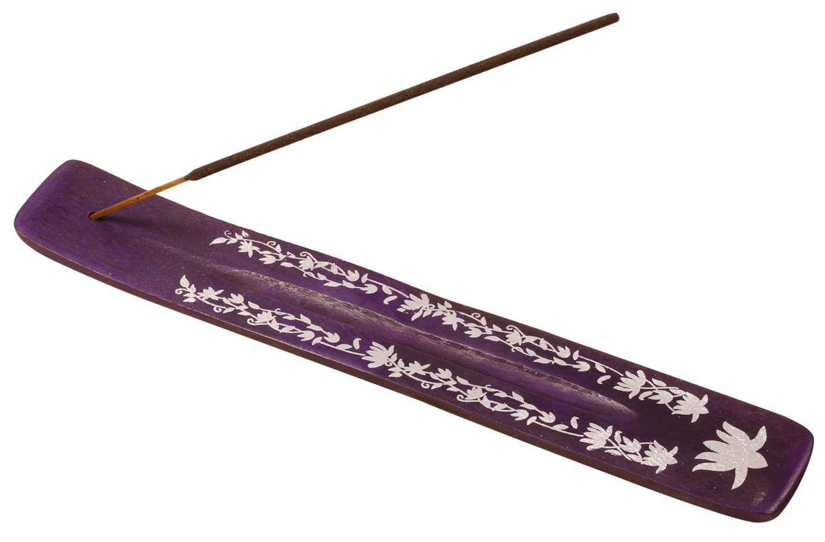 Handmade Wooden Incense Stick Holder – Purple Color – Floral Motifs in White – Aromatherapy Accessories