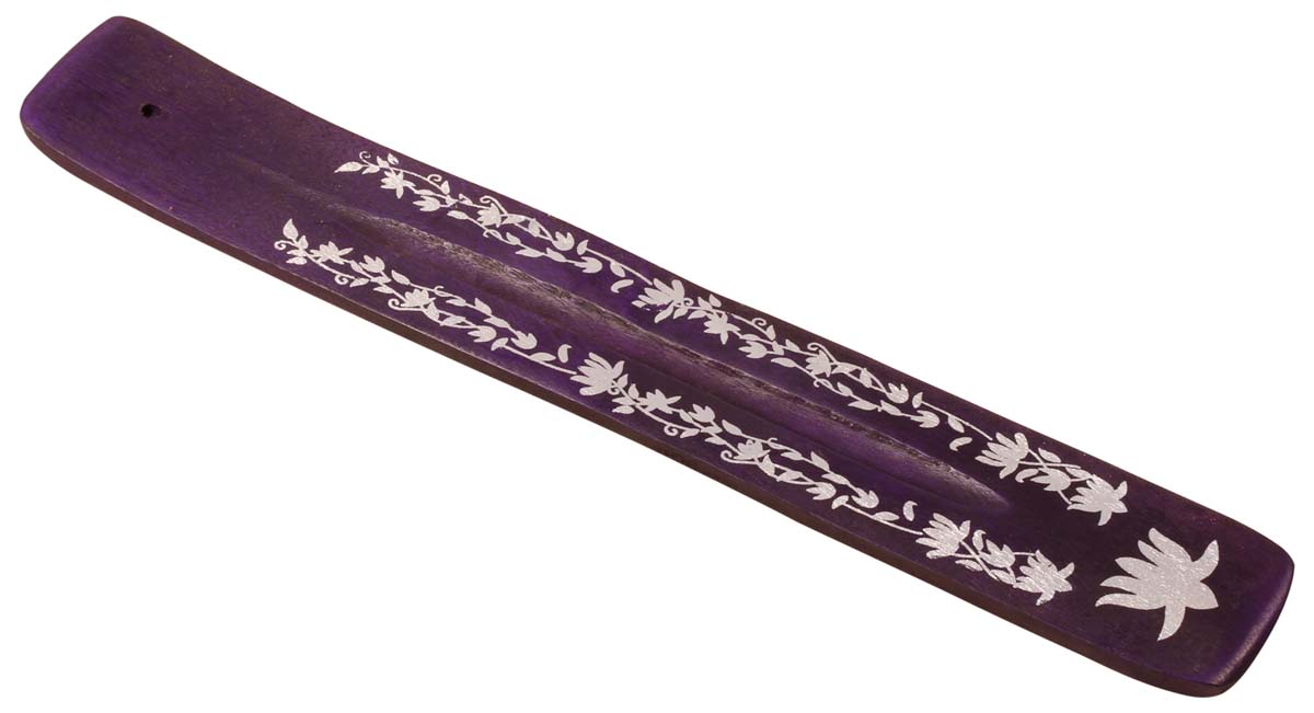 Handmade Wooden Incense Stick Holder – Purple Color – Floral Motifs in White – Aromatherapy Accessories