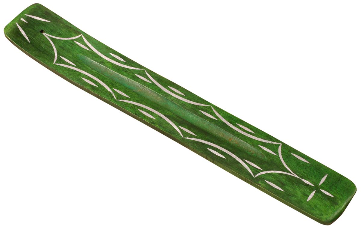 Handmade Wooden Incense Stick Holder – Green Color – Abstract Patterning in White – Aromatherapy Accessories 