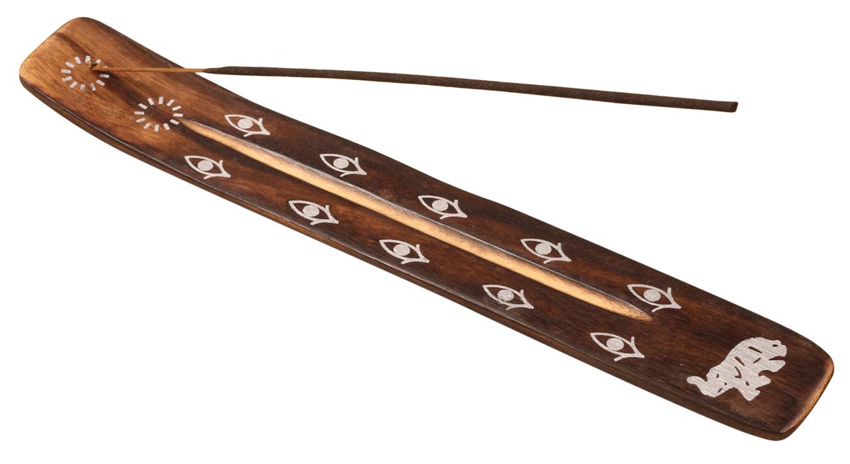 Handmade Wooden Incense Stick Holder – Brown Color – Abstract & Elephant Motifs in White – Aromatherapy Accessories 