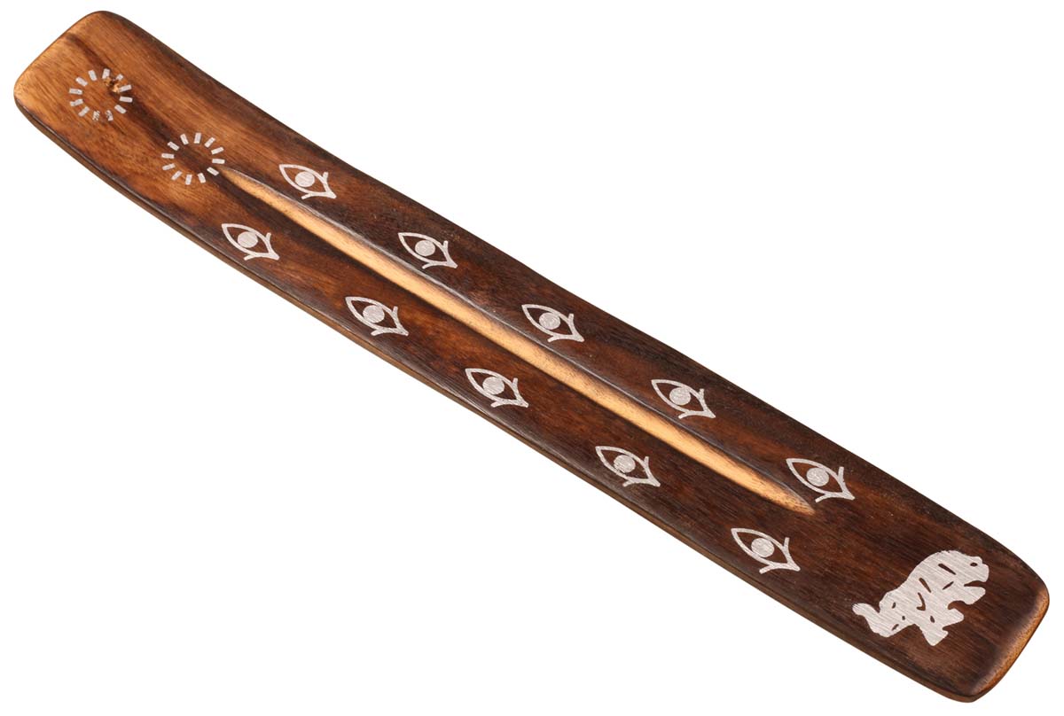 Handmade Wooden Incense Stick Holder – Brown Color – Abstract & Elephant Motifs in White – Aromatherapy Accessories 