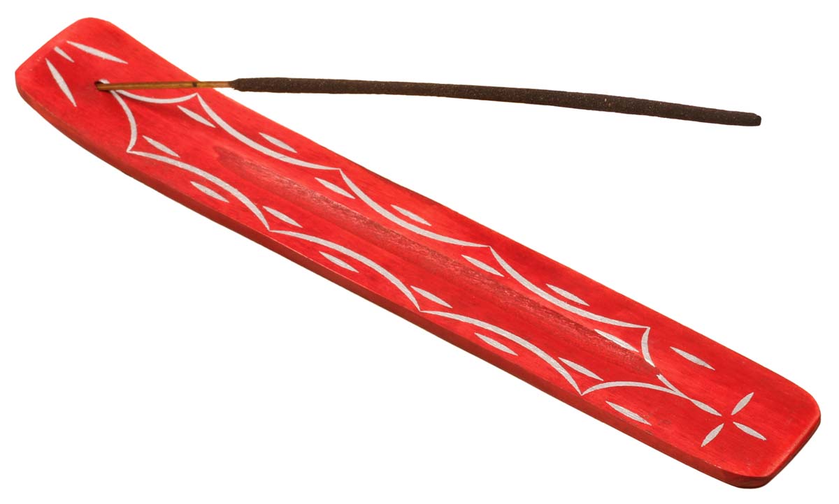 Handmade Wooden Incense Stick Holder – Red Color – Abstract Patterning in White – Aromatherapy Accessories 