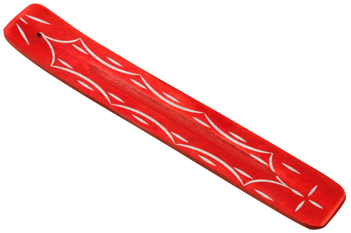 Handmade Wooden Incense Stick Holder – Red Color – Abstract Patterning in White – Aromatherapy Accessories 