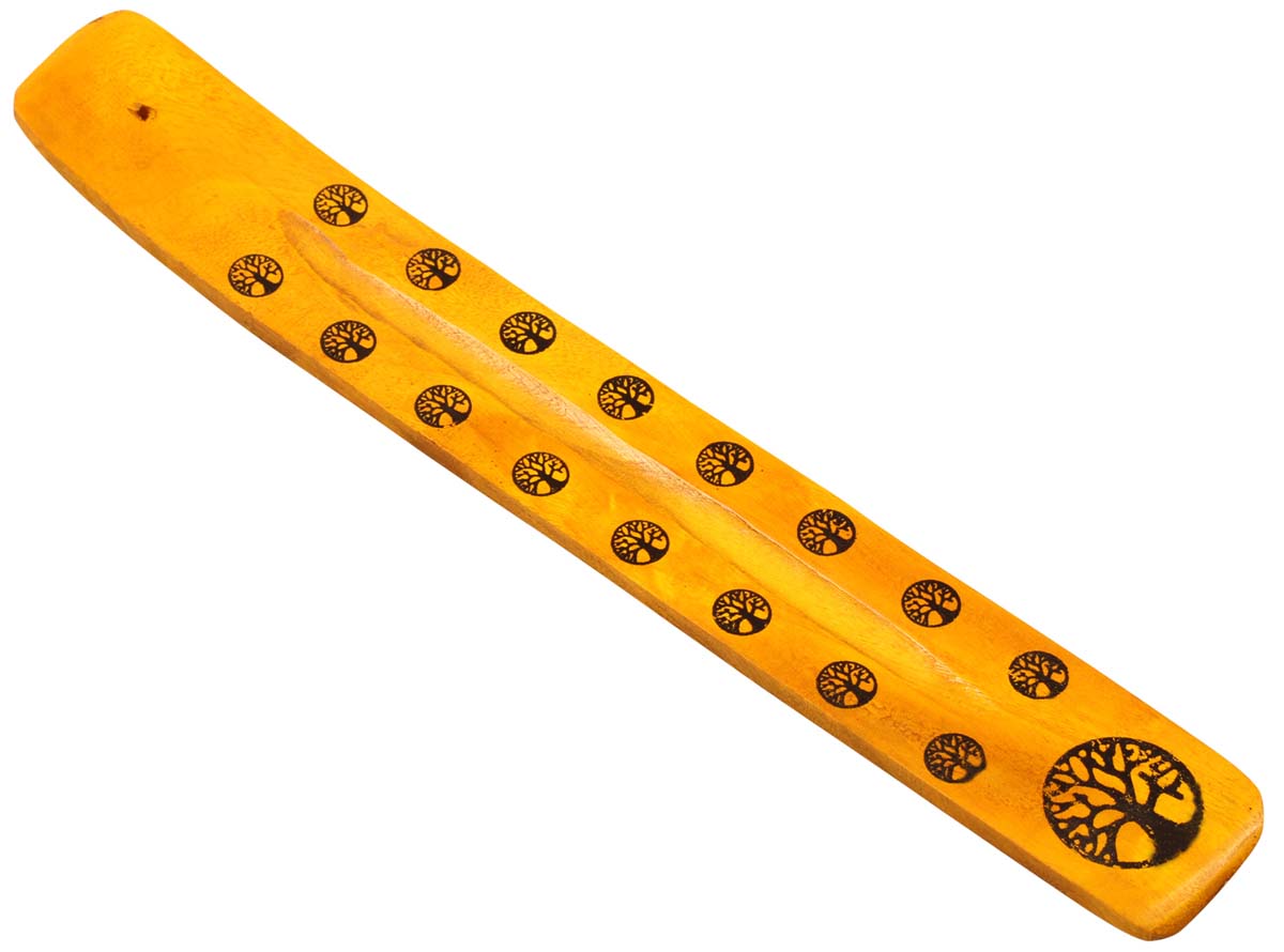 Caramel Color Incense Stick Holder – Hand-Carved in Wood – Brown Tree Motifs – Aromatherapy Accessories 