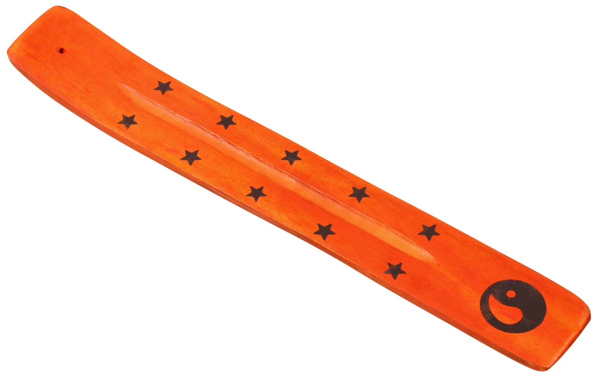 Orange Color Incense Stick Holder – Hand-Carved in Wood – Black Star Motifs – Aromatherapy Accessories 