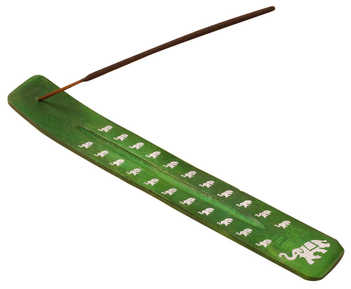 Green Color Incense Stick Holder – Hand-Carved in Wood – White Elephant Motifs – Aromatherapy Accessories 