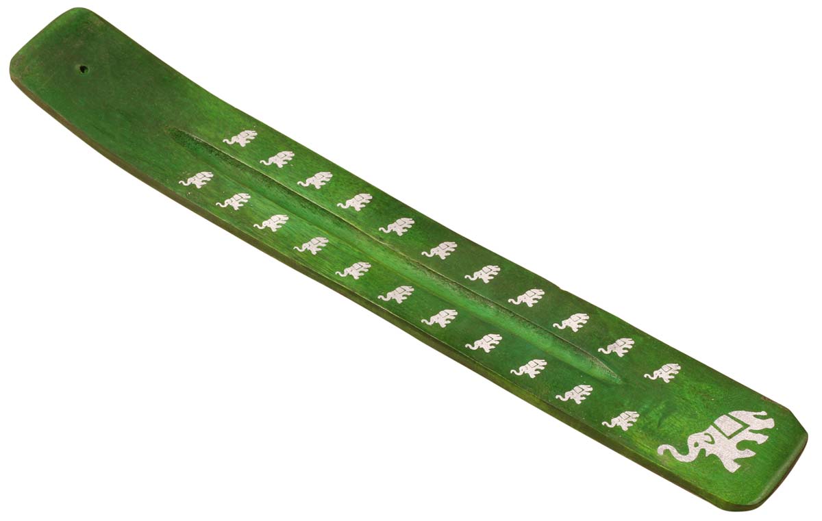 Green Color Incense Stick Holder – Hand-Carved in Wood – White Elephant Motifs – Aromatherapy Accessories 