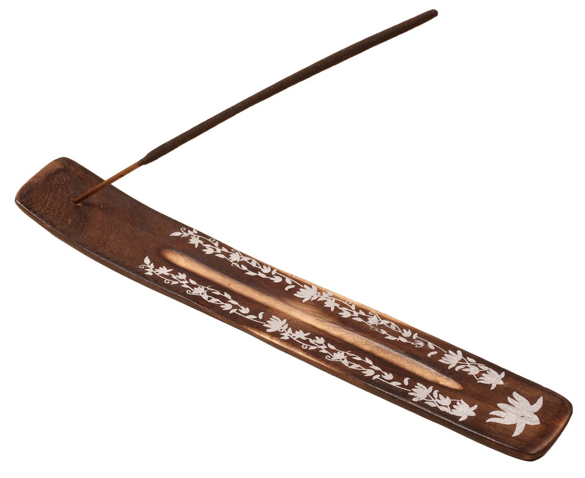 Brown Color Incense Stick Holder – Hand-Carved in Wood – White Floral Motifs – Aromatherapy Accessories 