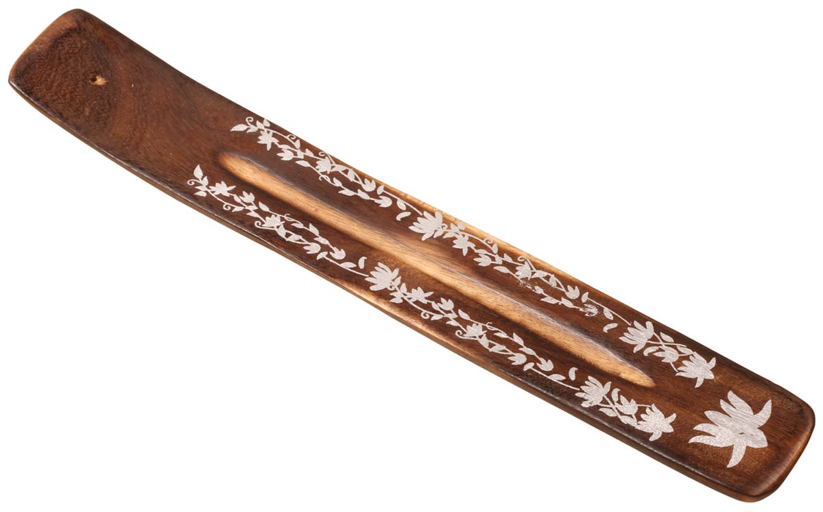 Brown Color Incense Stick Holder – Hand-Carved in Wood – White Floral Motifs – Aromatherapy Accessories 