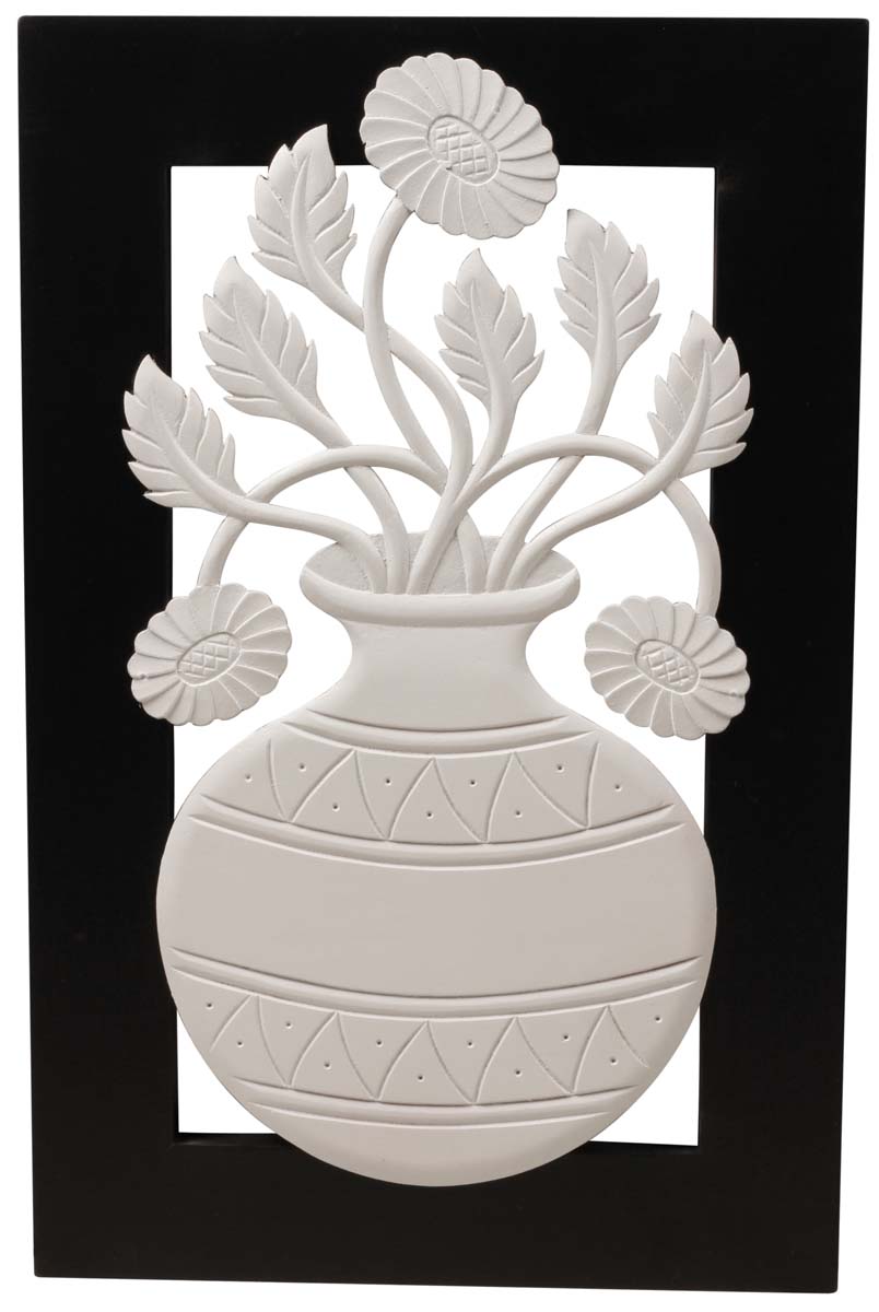 Black & White Wall Hanging – Handmade in MDF – Rectangle-Shaped – Flower Pot & Flower Motifs – Wall Decorating Items – Home / Office Décor