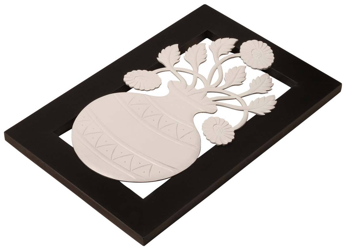 Black & White Wall Hanging – Handmade in MDF – Rectangle-Shaped – Flower Pot & Flower Motifs – Wall Decorating Items – Home / Office Décor