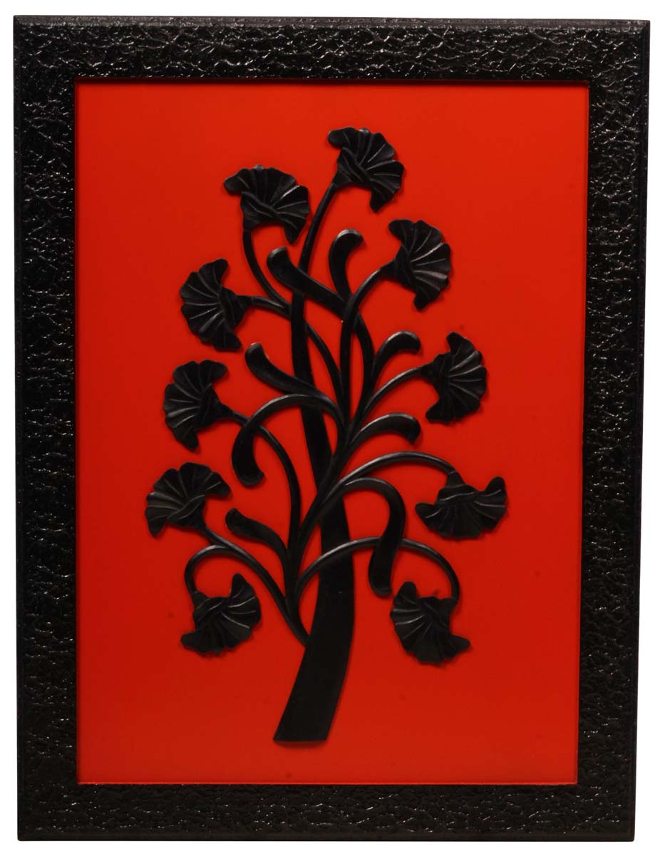 Handmade Black & Bright Orange Wall Hanging in MDF – Flower Motifs – Wall Decorating Items – Home / Office Décor