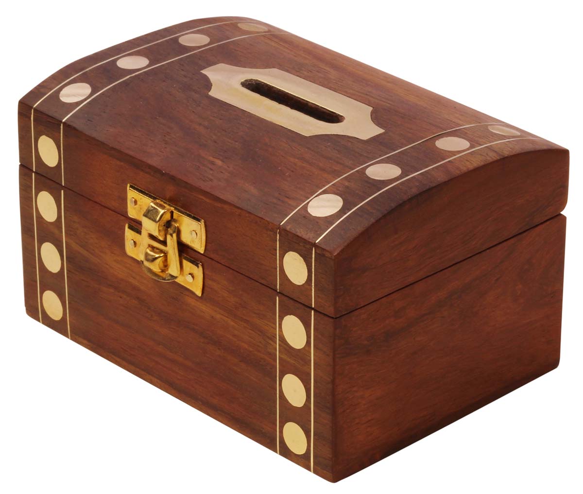 Piggy Bag – Hand-Carved in Wood – Brass Decorations – Brown & Golden Color – Gift Items from India