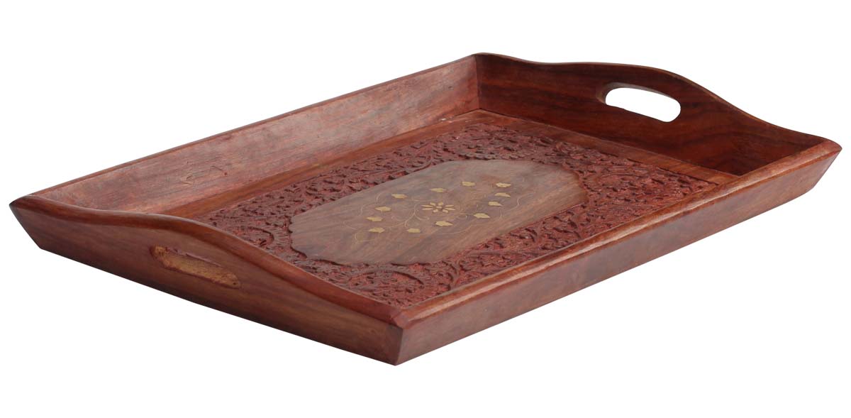 Wooden Serving Trays Wholesale – 11.6” Rectangular Tray – Handmade in Sheesham – Etched Floral Pattern – Brass Inlay – Kitchen Accessories
