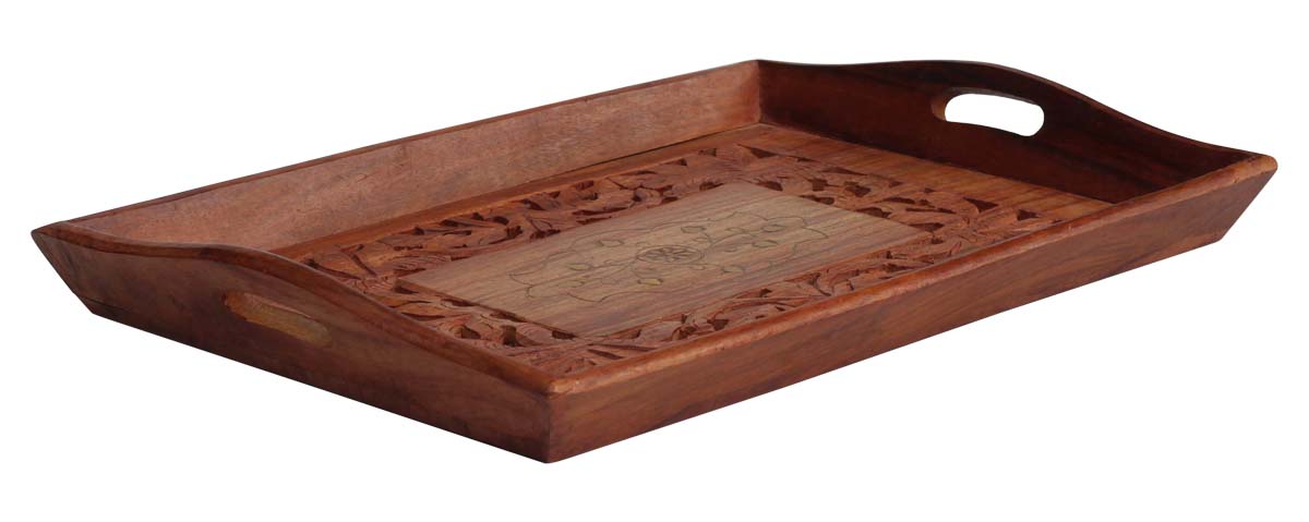 Wooden Serving Trays Wholesale – 14.7” Rectangular Tray – Handmade in Sheesham – Etched Floral Pattern – Brass Inlay – Kitchen Accessories