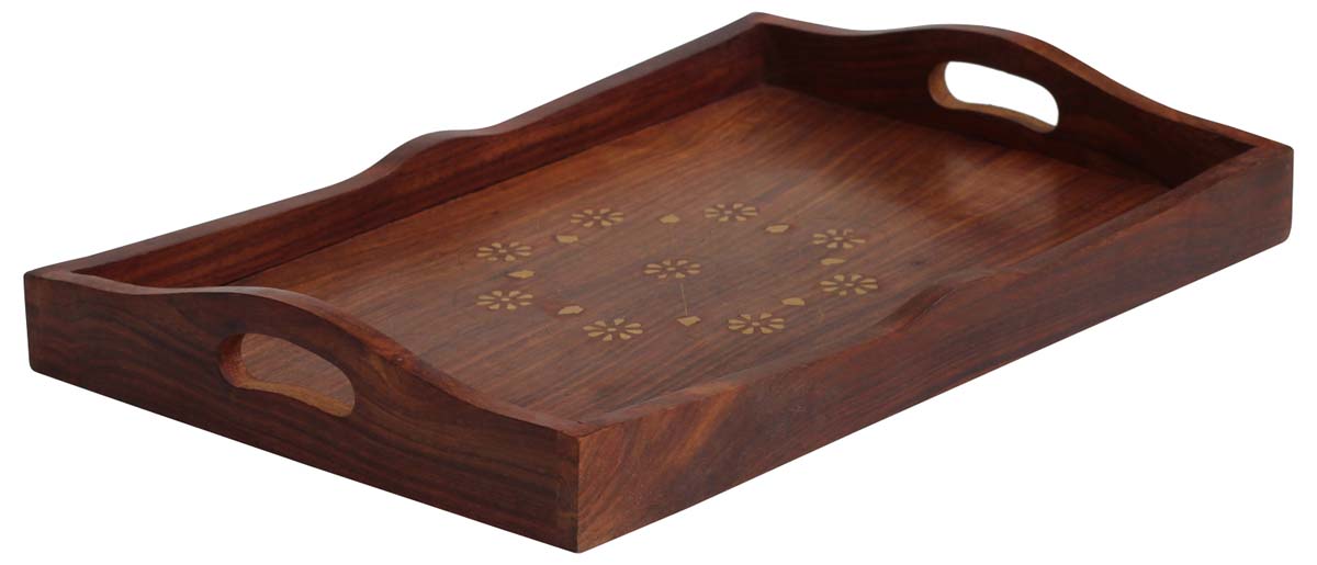 Wooden Serving Trays Wholesale – 17.7” Rectangular Tray – Handmade in Sheesham – Etched Floral Pattern – Brass Inlay – Kitchen Accessories